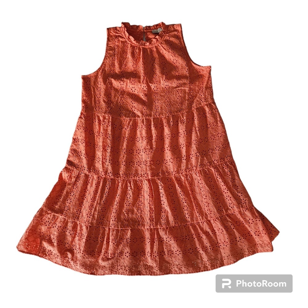 LOFT Women's Lively Coral Ruffled Neck Eyelet Tiered Swing Dress Size Medium NWT - Picture 4 of 11
